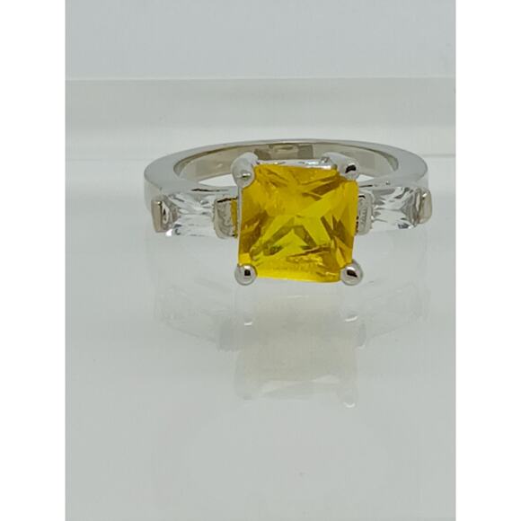 White Gold GP Canary Yellow Princess Cut Sim Diamond CZ Engagement Ring Size 9 - Picture 2 of 10